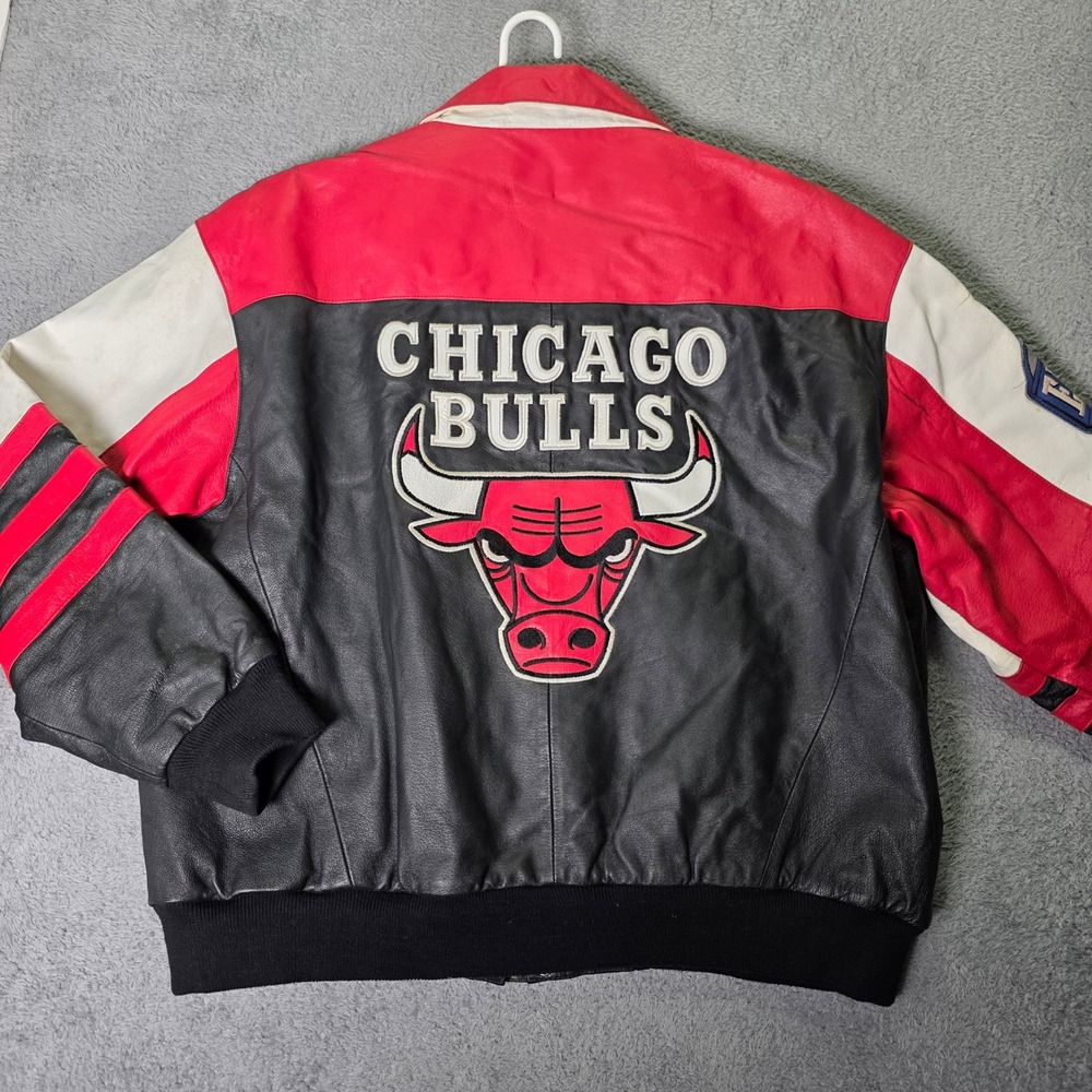 Jeff Hamilton Mens XL Chicago Bulls Leather Varsity Jacket Black Red NBA Vintage